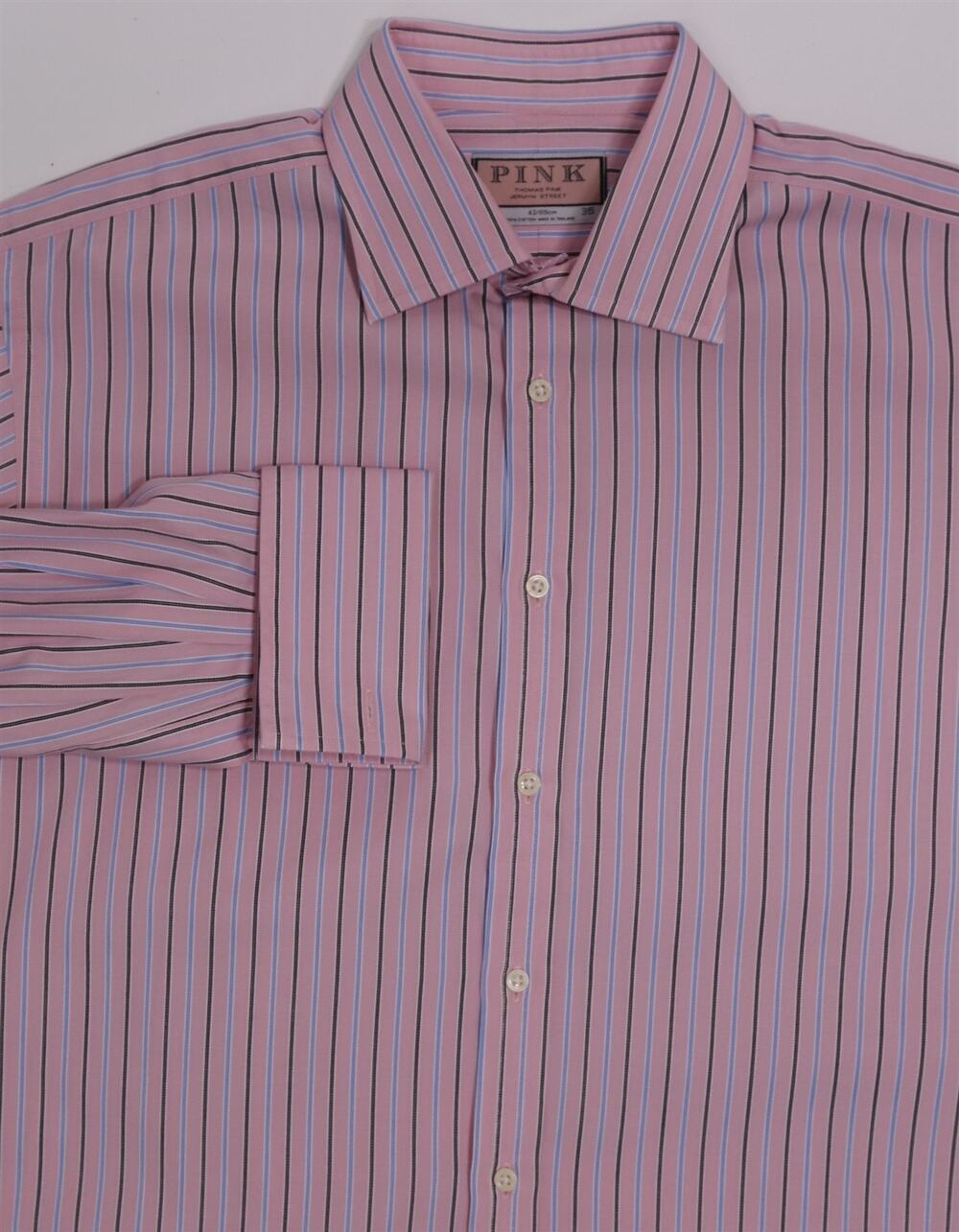 Thomas Pink Pink w/ Sky Blue Stripes French Cuff Cotton Dress Shirt (42) 16.5-35